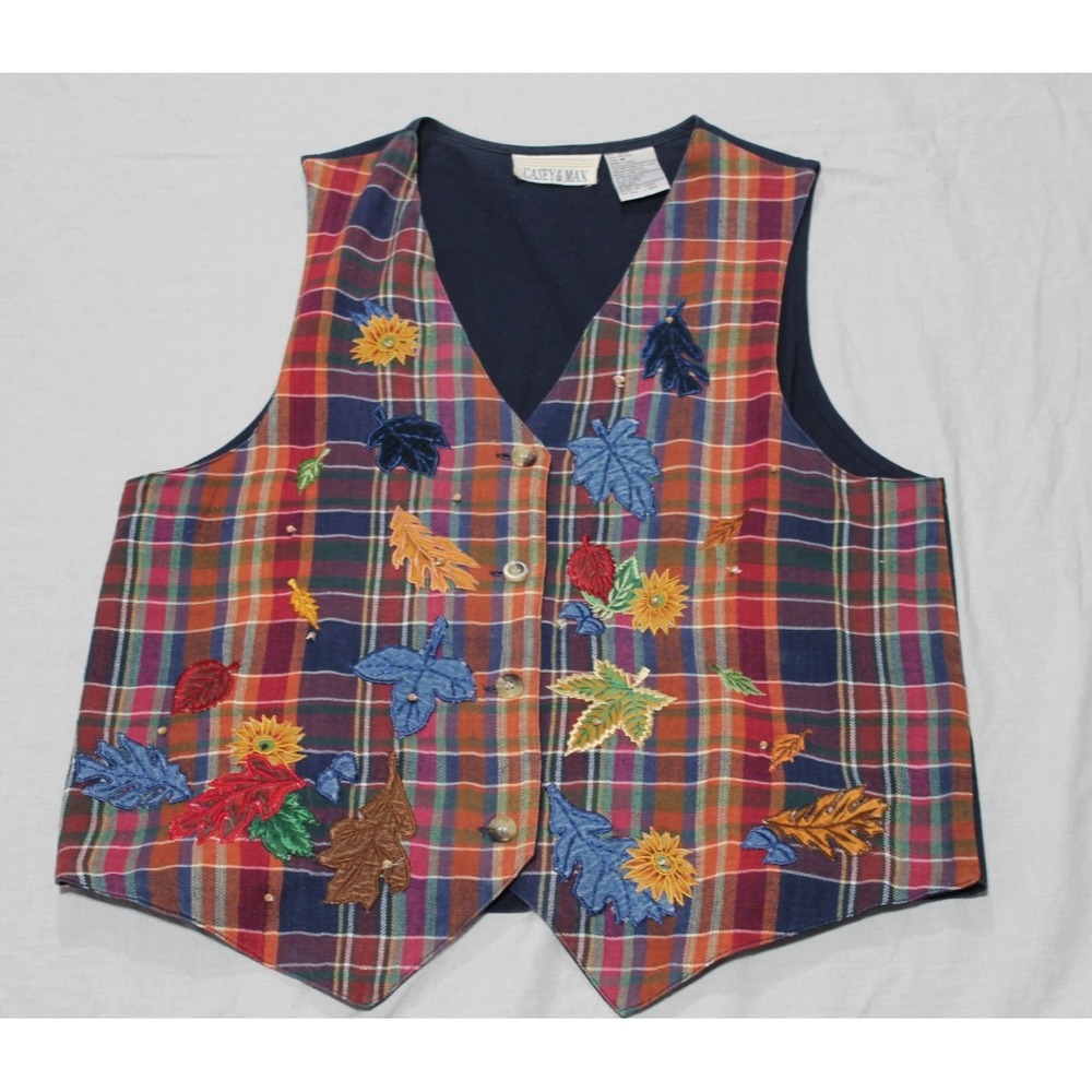 Casey & Max Vintage Plaid Vest Womens Medium Embroidered Fall Leaves Autumn